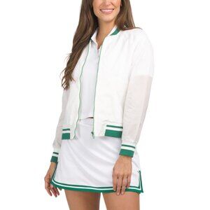 NANETTE LEPORE White/green Ribbed Trim Woven Bomber Jacket